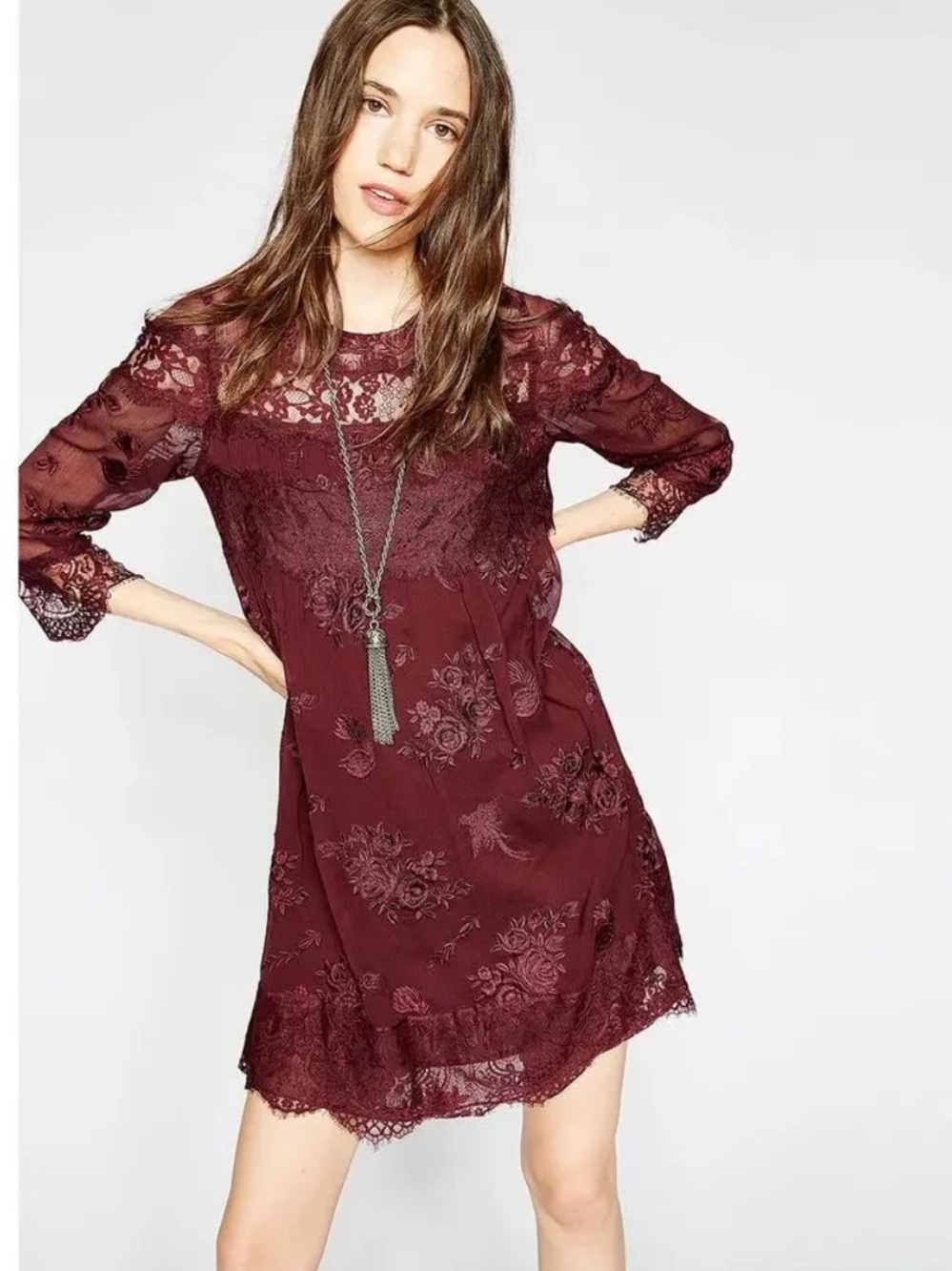 The Kooples Wine Burgundy Lace-Embroidered Mini Dress